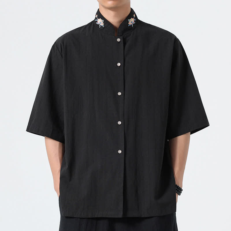 Buddha Stones 夏物 唐風 マンダリンカラー 蓮の刺繍入り 無地 メンズシャツ - 黒 - US/UK/AU46、 EU56 (5XL) - image 8