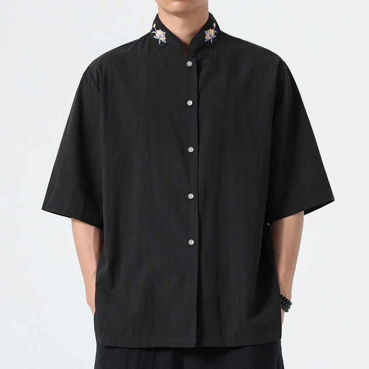 Buddha Stones 夏物 唐風 マンダリンカラー 蓮の刺繍入り 無地 メンズシャツ - 黒 - US/UK/AU46、 EU56 (5XL) - image 8
