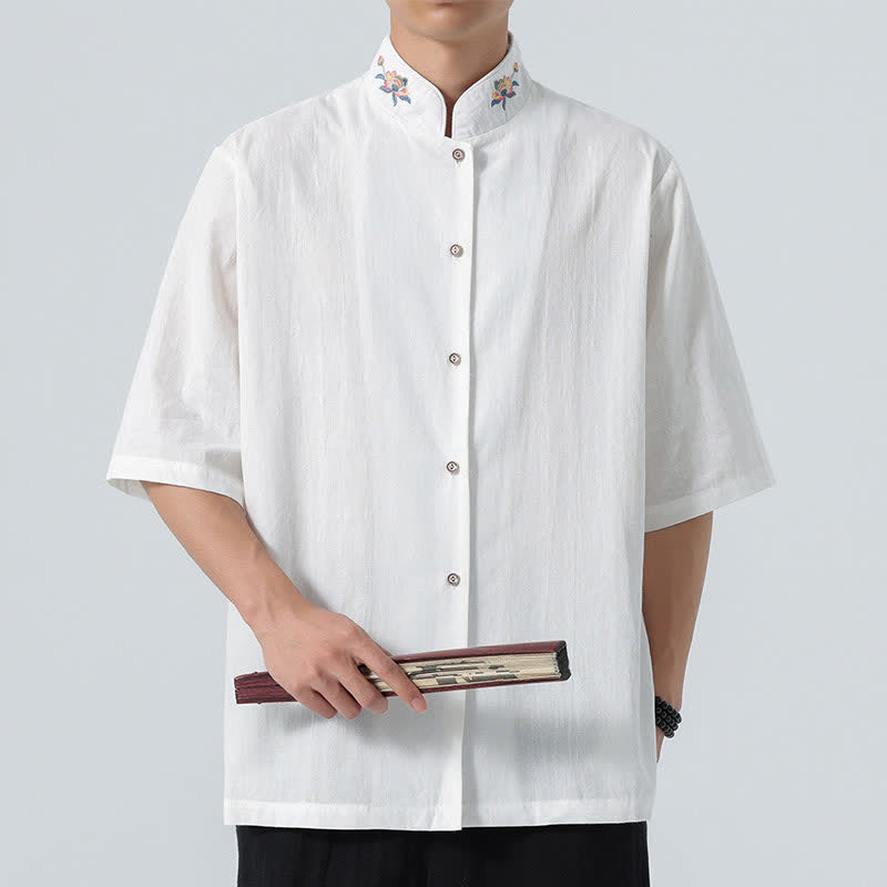 Buddha Stones 夏物 唐風 マンダリンカラー 蓮の刺繍入り 無地 メンズシャツ - 白 - US/UK/AU46、 EU56 (5XL) - image 16