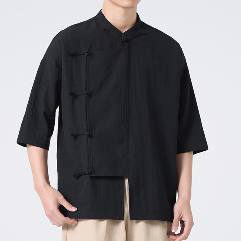 Buddha Stones 夏物 唐風 マンダリンカラー フロッグボタン 無地 半袖 メンズシャツ - 黒 - US/UK/AU46、 EU56 (5XL) - image 12