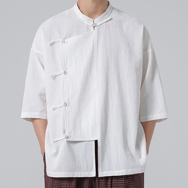 Buddha Stones 夏物 唐風 マンダリンカラー フロッグボタン 無地 半袖 メンズシャツ - 白 - US/UK/AU46、 EU56 (5XL) - image 21