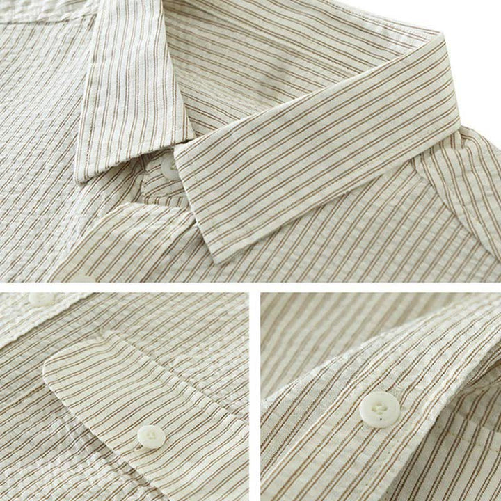 Buddha Stones 夏物カジュアルボタンアップストライプ柄コットンメンズ半袖シャツ（装飾ポケット付き） - image 3