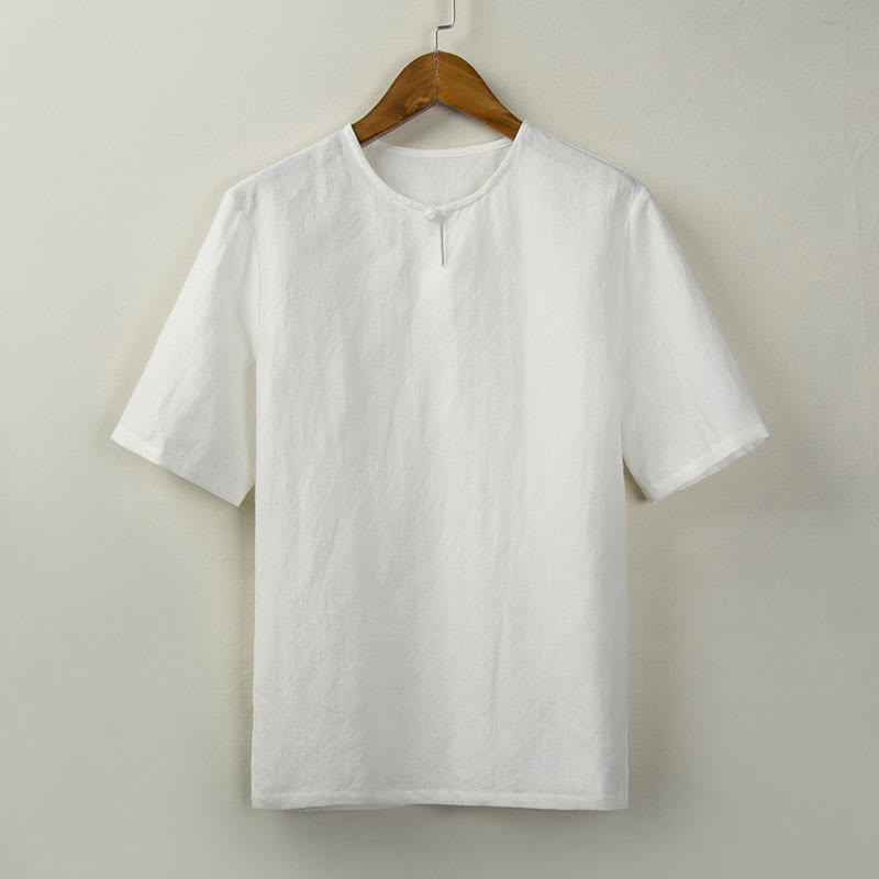 Buddha Stones 夏物 唐風 結びボタン サイドスリット 無地 メンズシャツ - 白 - US/UK/AU46、 EU56 (5XL) - image 14