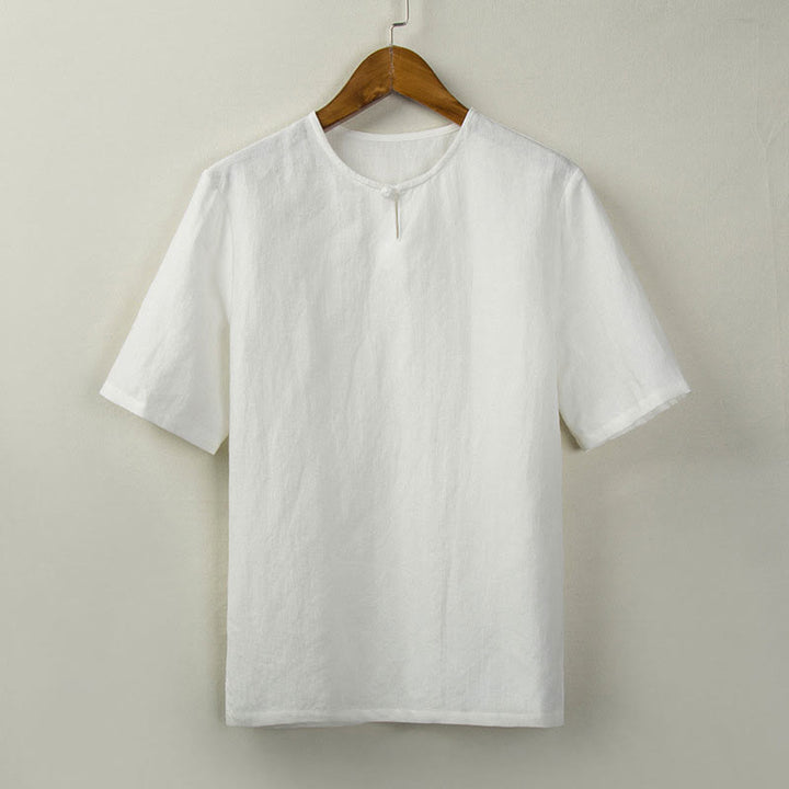 Buddha Stones 夏物 唐風 結びボタン サイドスリット 無地 メンズシャツ - 白 - US/UK/AU46、 EU56 (5XL) - image 14