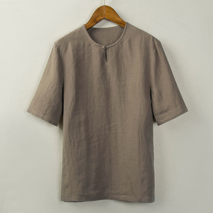 Buddha Stones 夏物 唐風 結びボタン サイドスリット 無地 メンズシャツ - タン - US/UK/AU46、 EU56 (5XL) - image 12