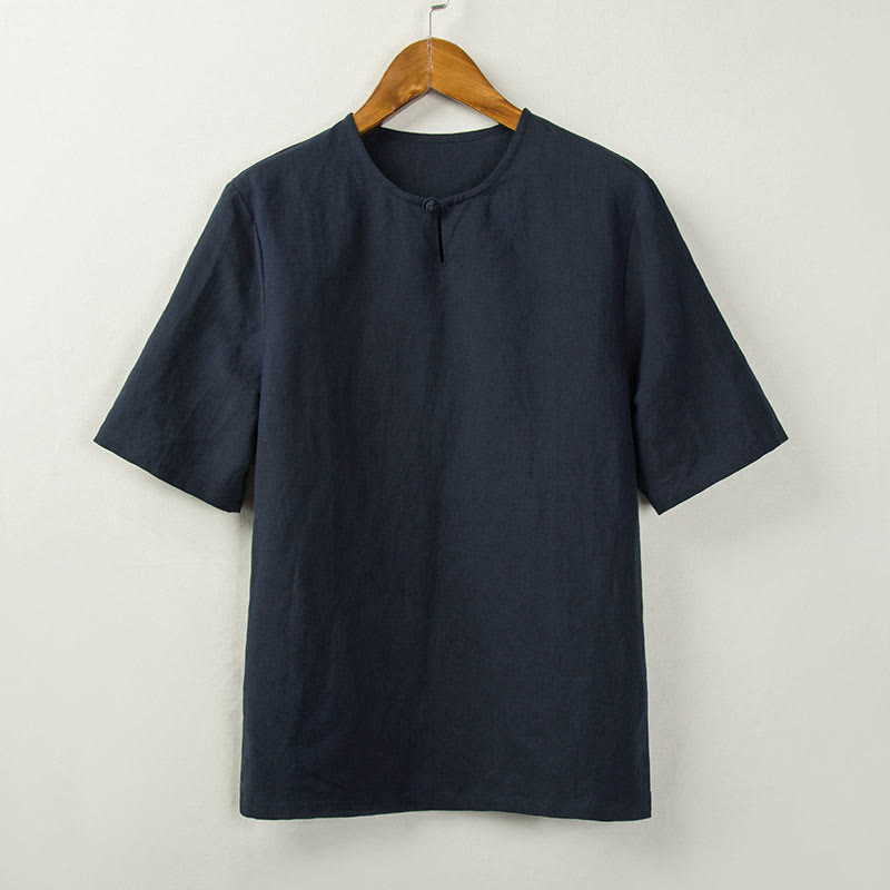Buddha Stones 夏物 唐風 結びボタン サイドスリット 無地 メンズシャツ - ミッドナイトブルー - US/UK/AU46、 EU56 (5XL) - image 4