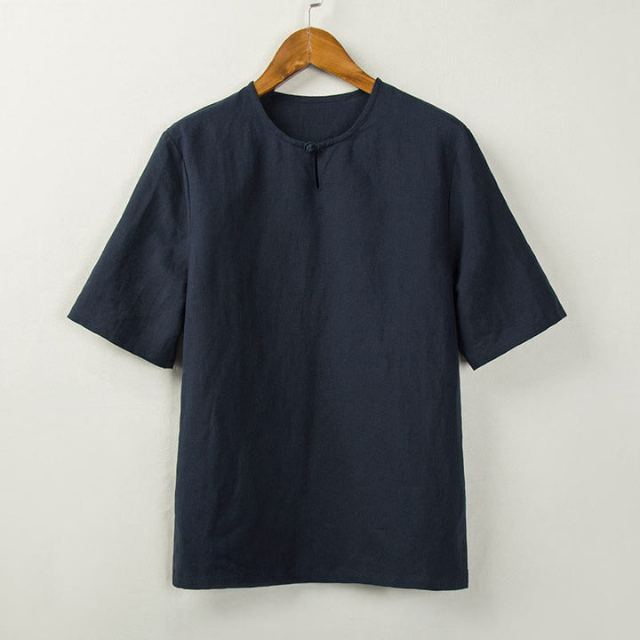 Buddha Stones 夏物 唐風 結びボタン サイドスリット 無地 メンズシャツ - ミッドナイトブルー - US/UK/AU46、 EU56 (5XL) - image 4