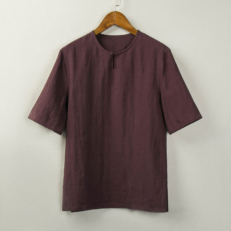 Buddha Stones 夏物 唐風 結びボタン サイドスリット 無地 メンズシャツ - ダークレッド - US/UK/AU46、 EU56 (5XL) - image 2