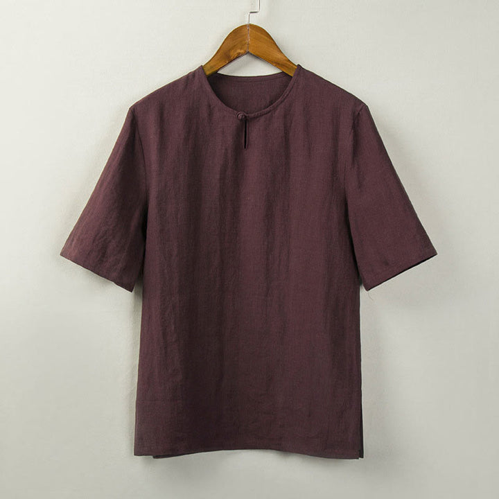 Buddha Stones 夏物 唐風 結びボタン サイドスリット 無地 メンズシャツ - ダークレッド - US/UK/AU46、 EU56 (5XL) - image 2