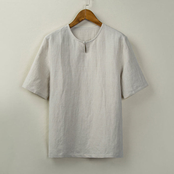 Buddha Stones 夏物 唐風 結びボタン サイドスリット 無地 メンズシャツ - リネン - US/UK/AU46、 EU56 (5XL) - image 0