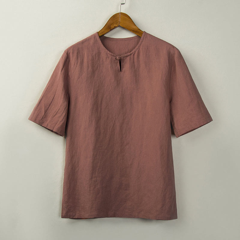Buddha Stones 夏物 唐風 結びボタン サイドスリット 無地 メンズシャツ - ダークサーモン - US/UK/AU46、 EU56 (5XL) - image 6