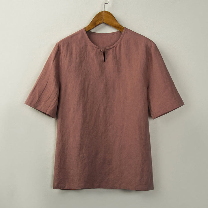 Buddha Stones 夏物 唐風 結びボタン サイドスリット 無地 メンズシャツ - ダークサーモン - US/UK/AU46、 EU56 (5XL) - image 6