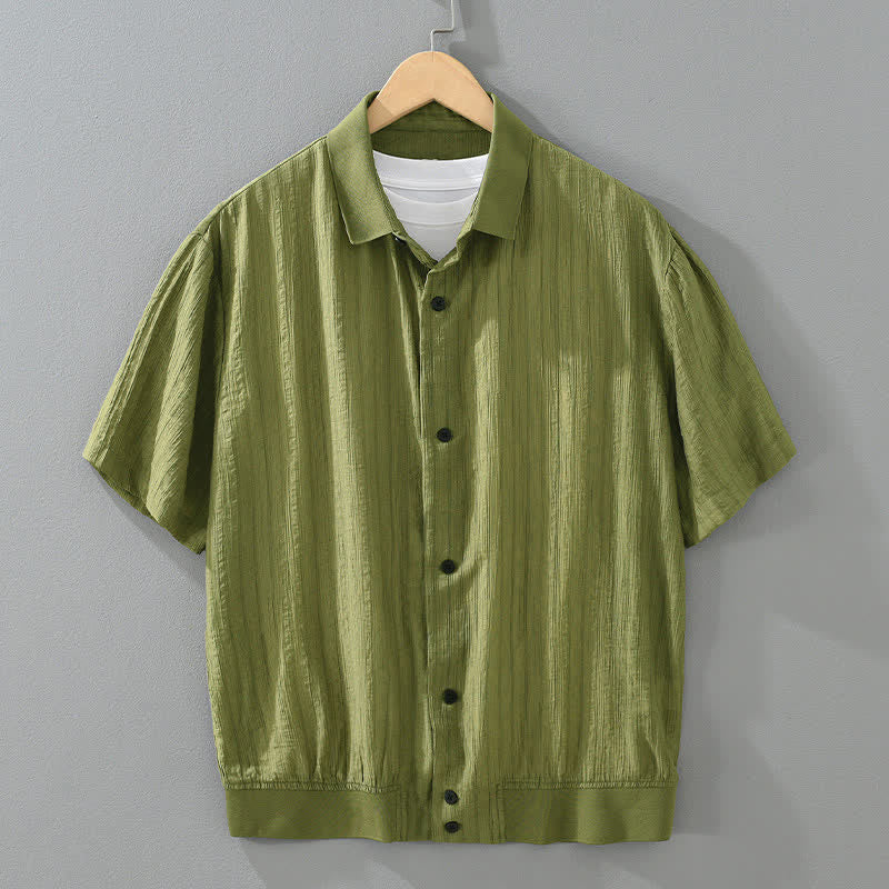 Buddha Stones 夏向けカジュアルミニマルボタンアップ無地メンズシャツ - オリーブドラブ - US/UK/AU46、 EU56 (5XL) - image 0