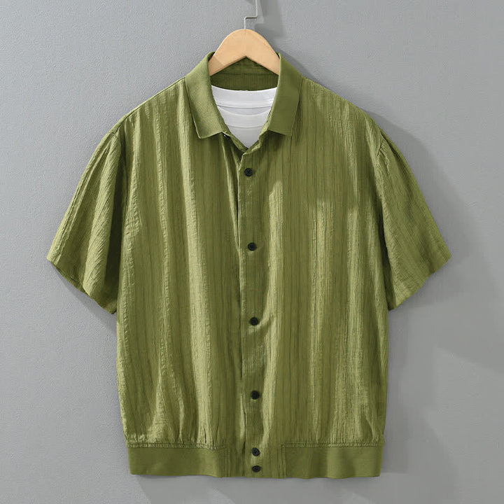 Buddha Stones 夏向けカジュアルミニマルボタンアップ無地メンズシャツ - オリーブドラブ - US/UK/AU46、 EU56 (5XL) - image 0