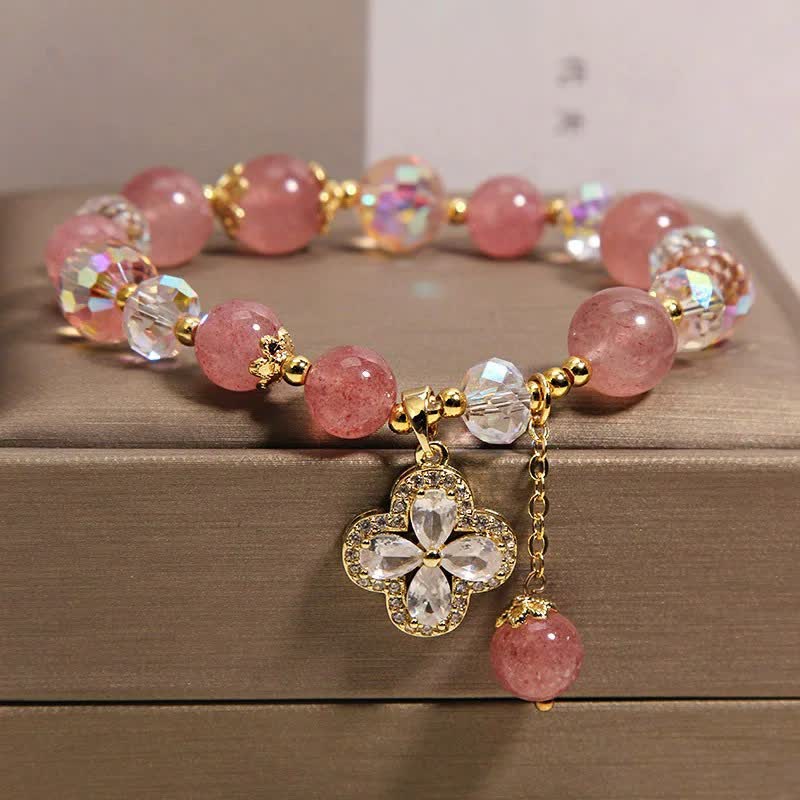 Buddha Stones ストロベリークォーツ クローバー ラブ ビーズ タッセル ブレスレット - image 1