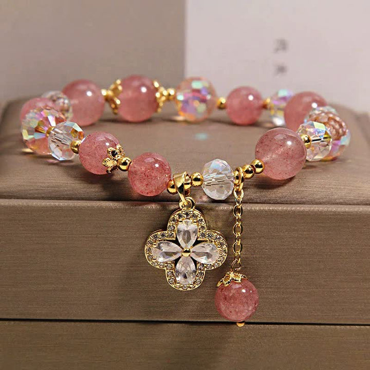 Buddha Stones ストロベリークォーツ クローバー ラブ ビーズ タッセル ブレスレット - ストロベリークォーツ（愛♥癒し） - image 0