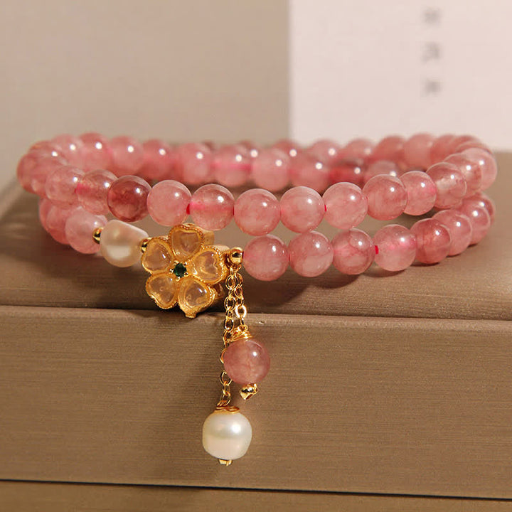 Buddha Stones ストロベリークォーツパールクローバーラブダブルラップブレスレット - image 1