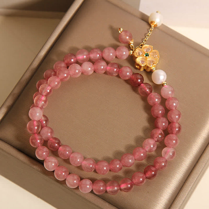 Buddha Stones ストロベリークォーツパールクローバーラブダブルラップブレスレット - image 7