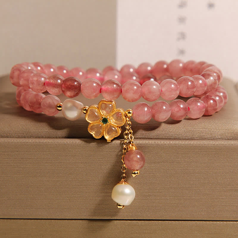 Buddha Stones ストロベリークォーツパールクローバーラブダブルラップブレスレット - ストロベリークォーツ（愛♥癒し） - image 0