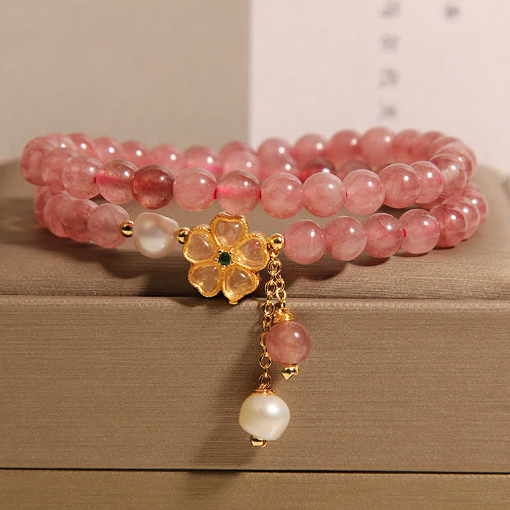 Buddha Stones ストロベリークォーツパールクローバーラブダブルラップブレスレット - ストロベリークォーツ（愛♥癒し） - image 0