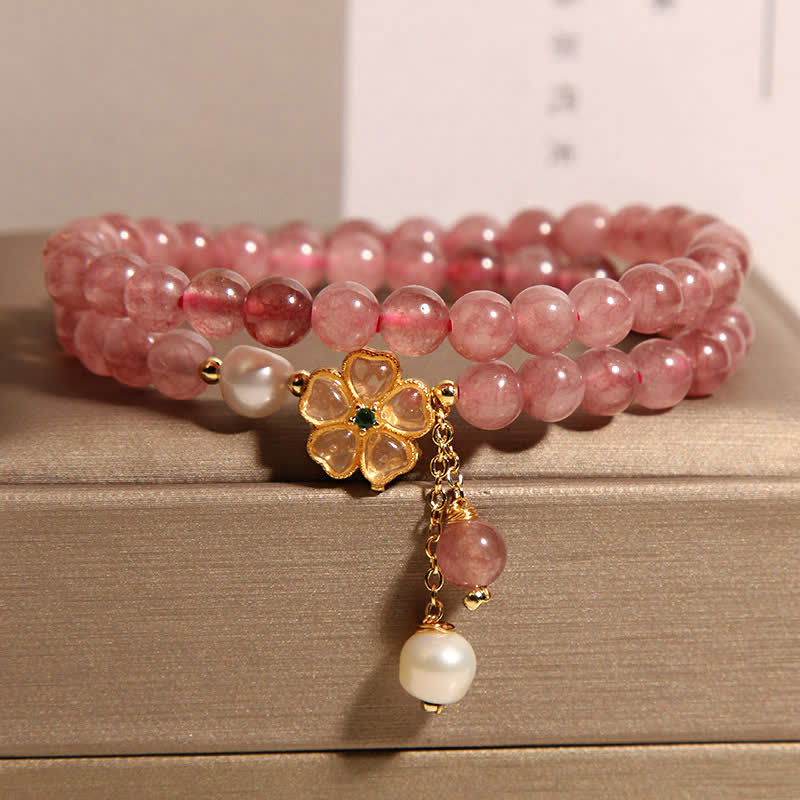 Buddha Stones ストロベリークォーツパールクローバーラブダブルラップブレスレット - image 2