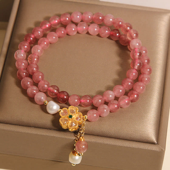 Buddha Stones ストロベリークォーツパールクローバーラブダブルラップブレスレット - image 4