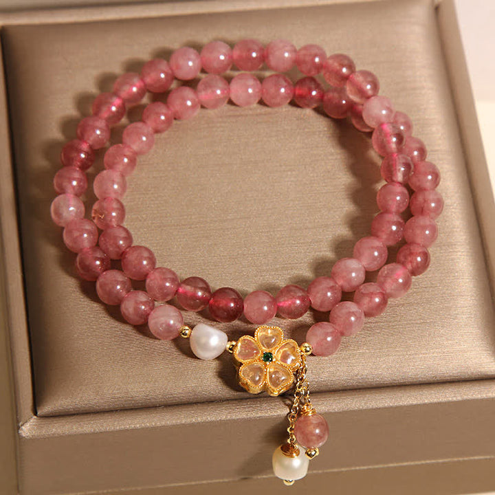 Buddha Stones ストロベリークォーツパールクローバーラブダブルラップブレスレット - image 6