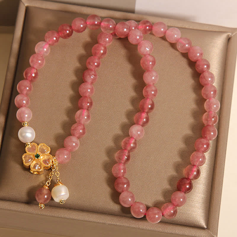 Buddha Stones ストロベリークォーツパールクローバーラブダブルラップブレスレット - image 8