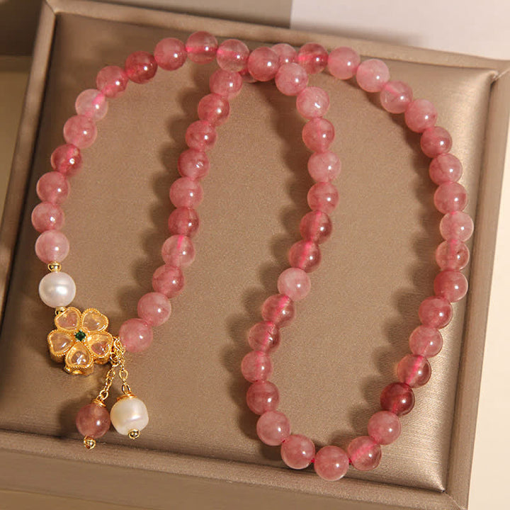 Buddha Stones ストロベリークォーツパールクローバーラブダブルラップブレスレット - image 8