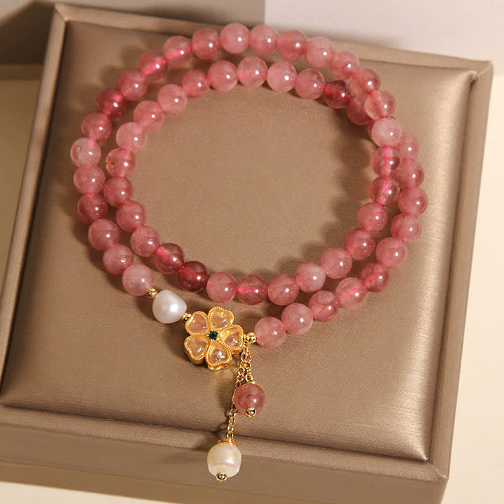 Buddha Stones ストロベリークォーツパールクローバーラブダブルラップブレスレット - image 3