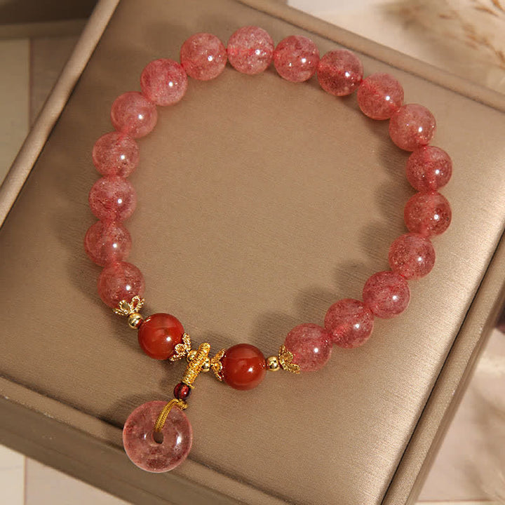 Buddha Stones ストロベリークォーツ平和のお守りチャームラブ ラウンドビーズブレスレット - image 3