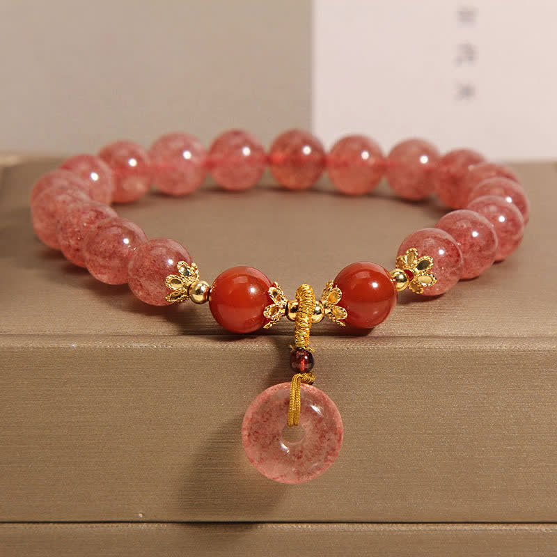 Buddha Stones ストロベリークォーツ平和のお守りチャームラブ ラウンドビーズブレスレット - ストロベリークォーツ（愛♥癒し） - image 0