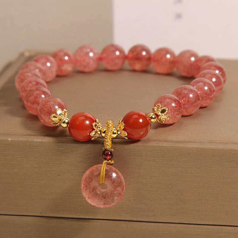 Buddha Stones ストロベリークォーツ平和のお守りチャームラブ ラウンドビーズブレスレット - image 1