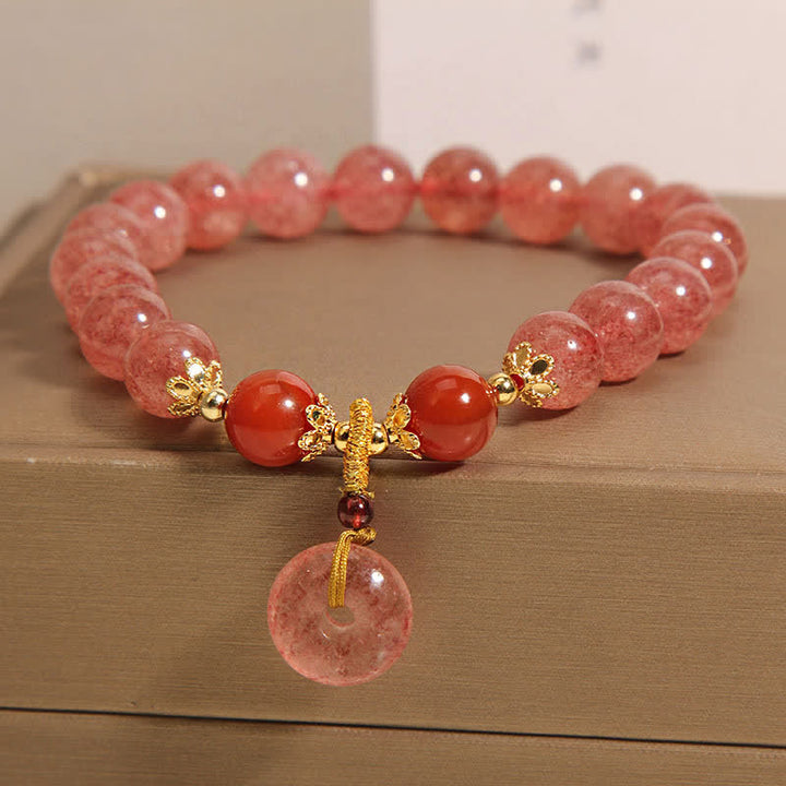 Buddha Stones ストロベリークォーツ平和のお守りチャームラブ ラウンドビーズブレスレット - image 1