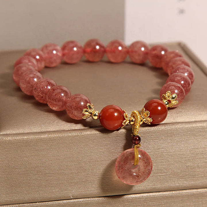 Buddha Stones ストロベリークォーツ平和のお守りチャームラブ ラウンドビーズブレスレット - image 2