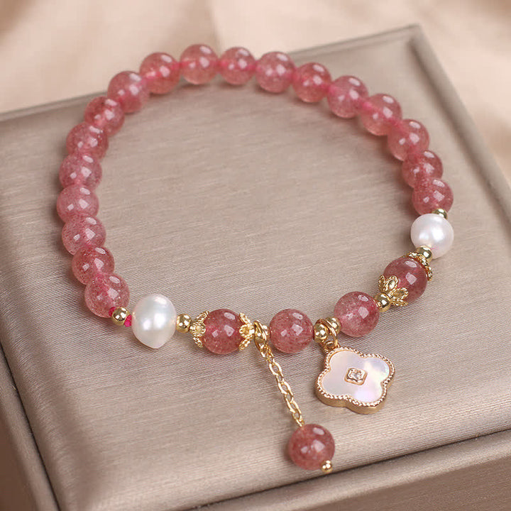 Buddha Stones ストロベリークォーツパールシェル四つ葉クローバーラブラウンドビーズブレスレット - image 8