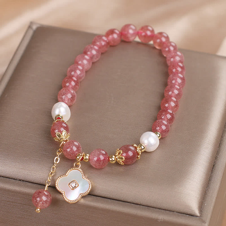 Buddha Stones ストロベリークォーツパールシェル四つ葉クローバーラブラウンドビーズブレスレット - image 7