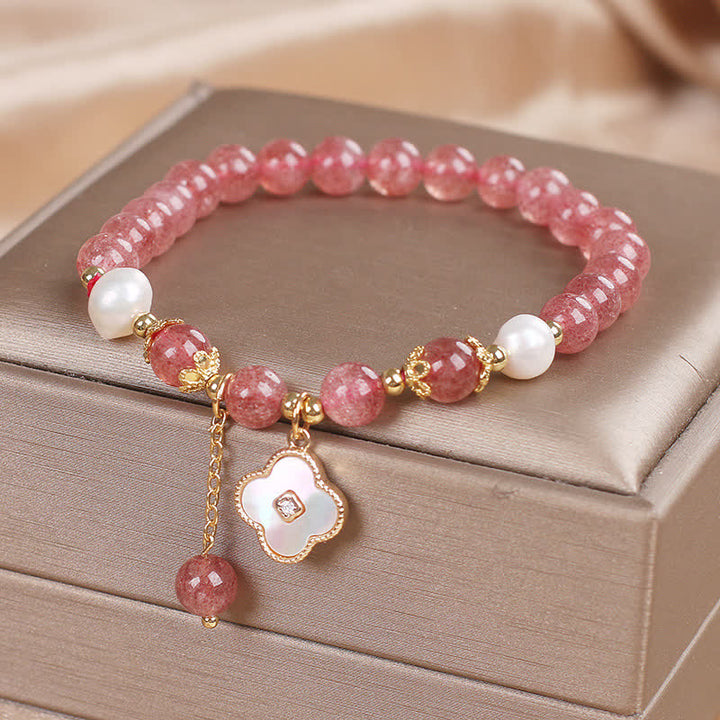 Buddha Stones ストロベリークォーツパールシェル四つ葉クローバーラブラウンドビーズブレスレット - image 3