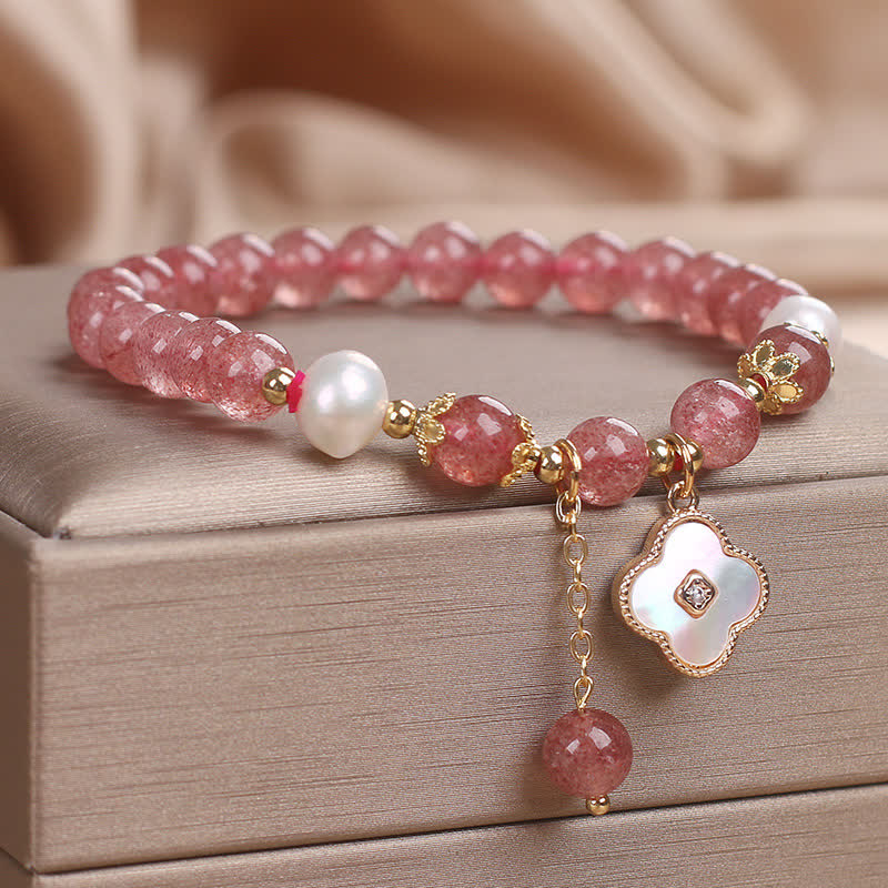 Buddha Stones ストロベリークォーツパールシェル四つ葉クローバーラブラウンドビーズブレスレット - image 2