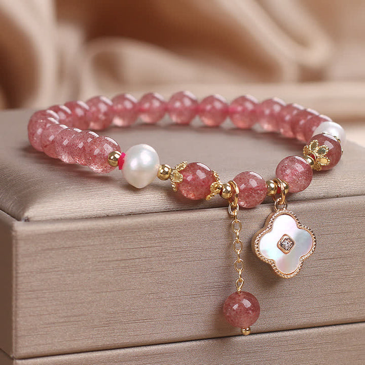 Buddha Stones ストロベリークォーツパールシェル四つ葉クローバーラブラウンドビーズブレスレット - image 2