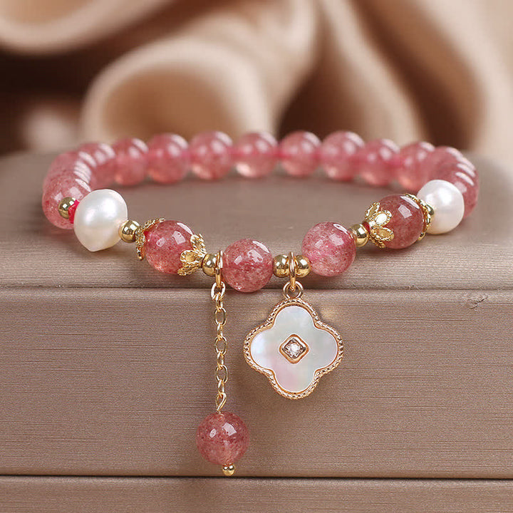 Buddha Stones ストロベリークォーツパールシェル四つ葉クローバーラブラウンドビーズブレスレット - ストロベリークォーツ（愛♥癒し） - image 0