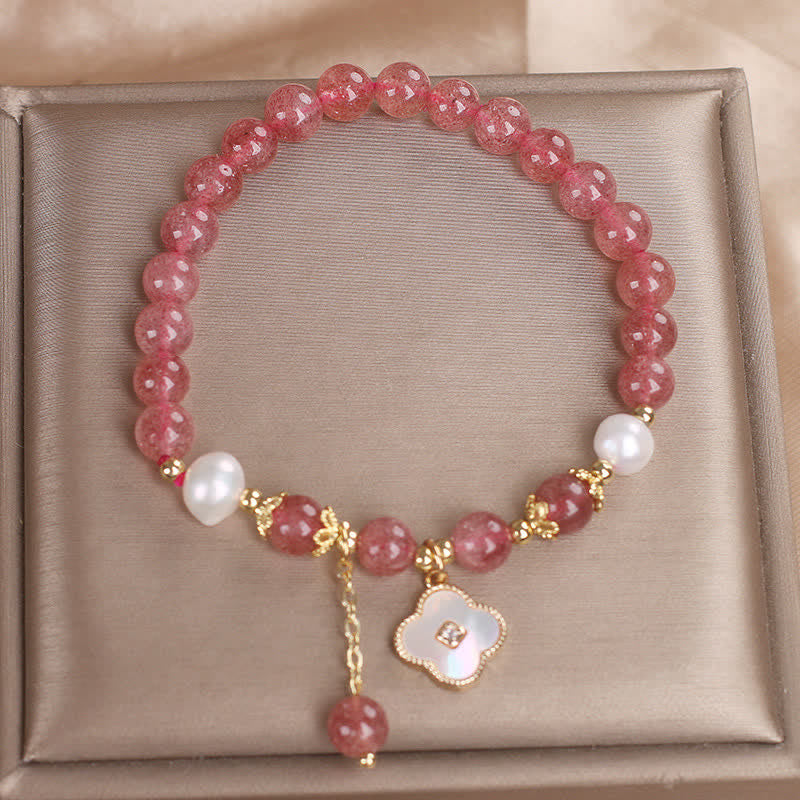 Buddha Stones ストロベリークォーツパールシェル四つ葉クローバーラブラウンドビーズブレスレット - image 9
