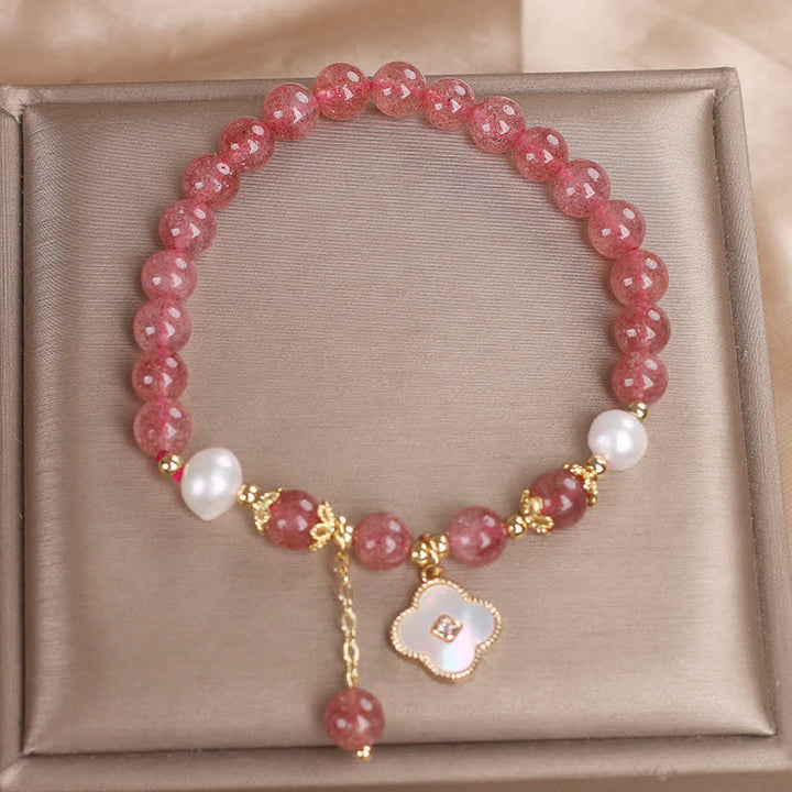 Buddha Stones ストロベリークォーツパールシェル四つ葉クローバーラブラウンドビーズブレスレット - image 9
