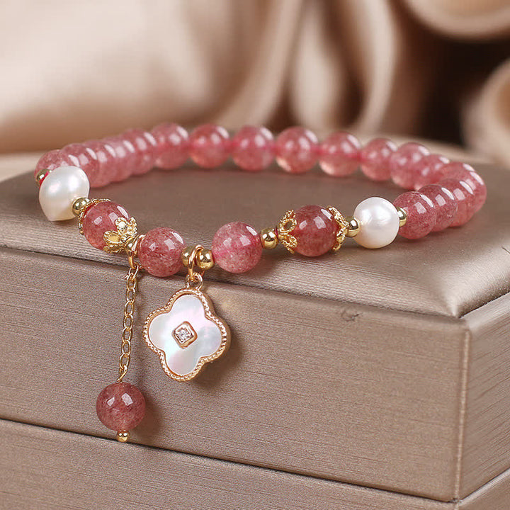 Buddha Stones ストロベリークォーツパールシェル四つ葉クローバーラブラウンドビーズブレスレット - image 4