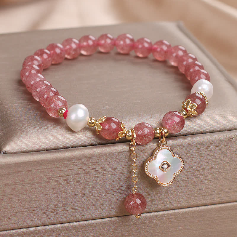 Buddha Stones ストロベリークォーツパールシェル四つ葉クローバーラブラウンドビーズブレスレット - image 1