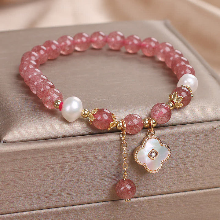 Buddha Stones ストロベリークォーツパールシェル四つ葉クローバーラブラウンドビーズブレスレット - image 1