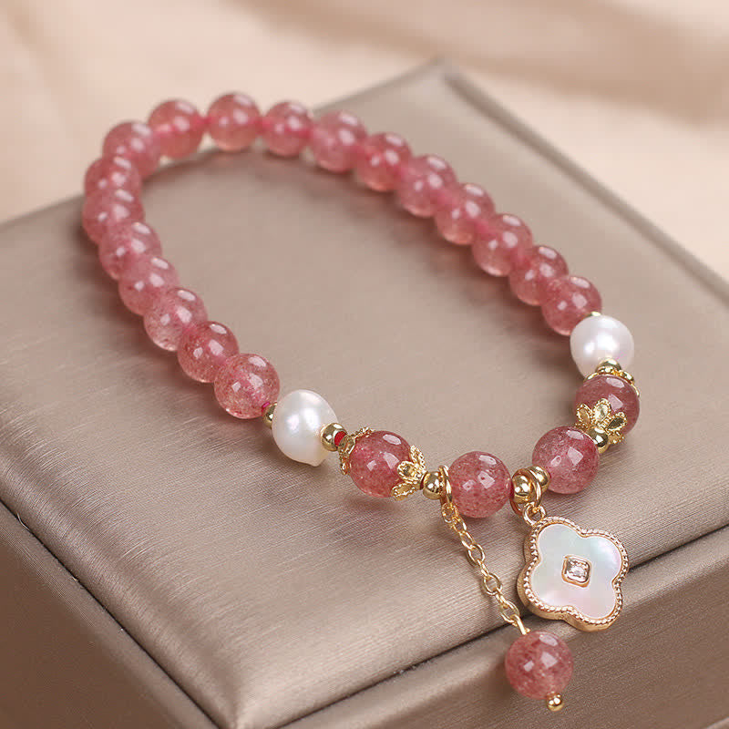 Buddha Stones ストロベリークォーツパールシェル四つ葉クローバーラブラウンドビーズブレスレット - image 6