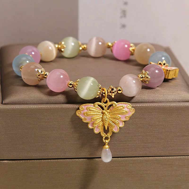 Buddha Stones マルチカラーのキャッツアイバタフライラブビーズブレスレット - image 1