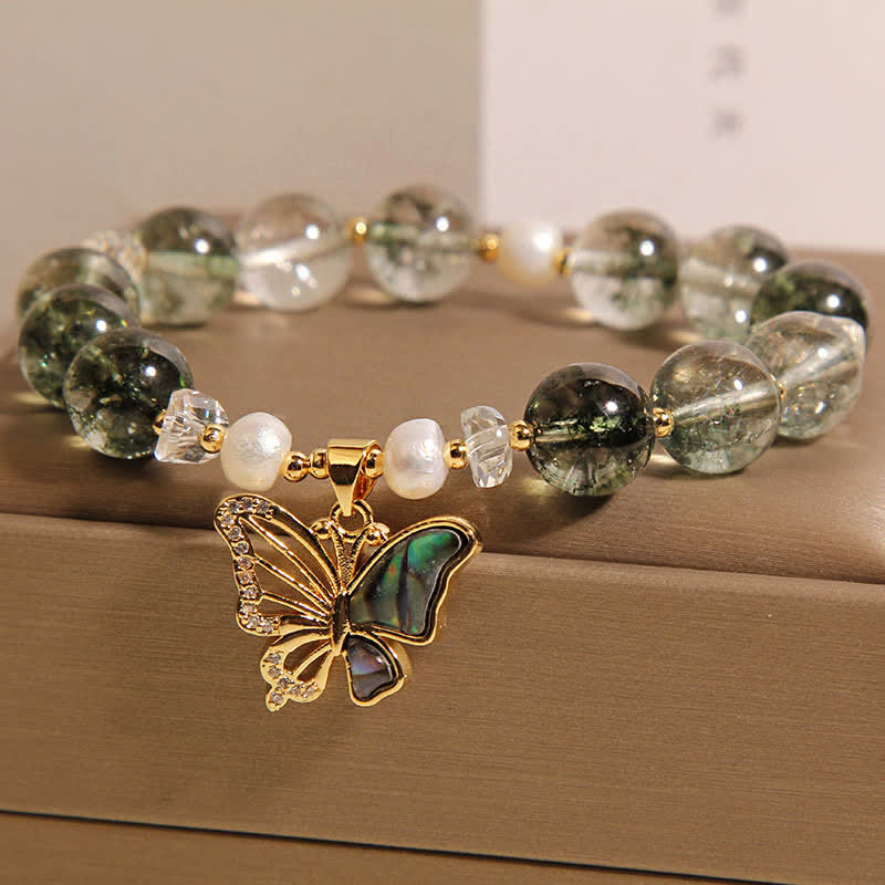 Buddha Stones グリーンファントムパールアクセントバタフライグロースビーズブレスレット - image 1