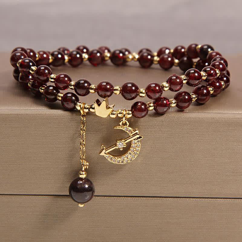 Buddha Stones 月と王冠の浄化をモチーフにしたダブルラップビーズブレスレット - ガーネット（情熱♥エネルギー） - image 0